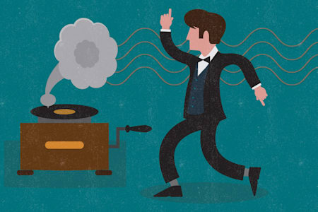 Thomas Edison, el gran inventor americano, baila en esta ilustración mientras escucha un fonógrafo.