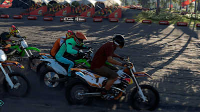 Screenshot from The Crew Motorfest shows a motocross race with palm trees and mountains in the background.