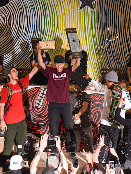 Ryan Decenzo, Jagger Eaton and Felipe Gustavo savour the moment in Florida.