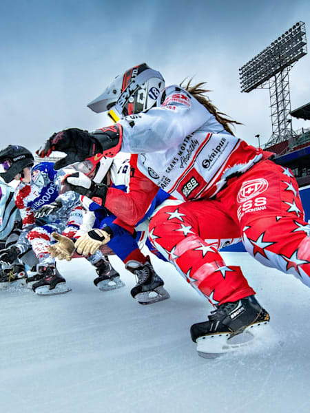 Derek Wedge has a practice run down the track at the third Red Bull Crashed Ice stop of the 2018/ 19 season in Boston, USA.