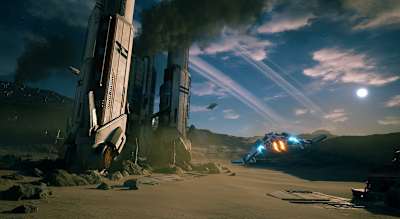 Ein Raumschiff fliegt über einen Planeten