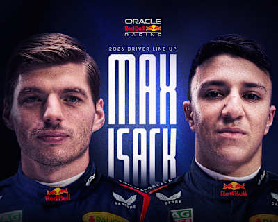 Graphic showing the 2026 Oracle Red Bull Racing driver line up with Max Verstappen and Isack Hadjar.