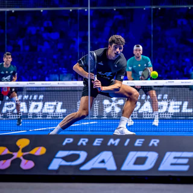 Alejandro Galán in action during the thrilling Premier Padel 2025 Finals semi-finals in Barcelona, Spain, igniting the crowd with world-class padel play on December 14, 2025