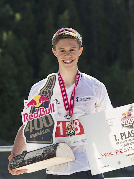 Winner Erik Resell poses for a portrait after the Red Bull 400 in Trondheim, Norway on June 2, 2018.