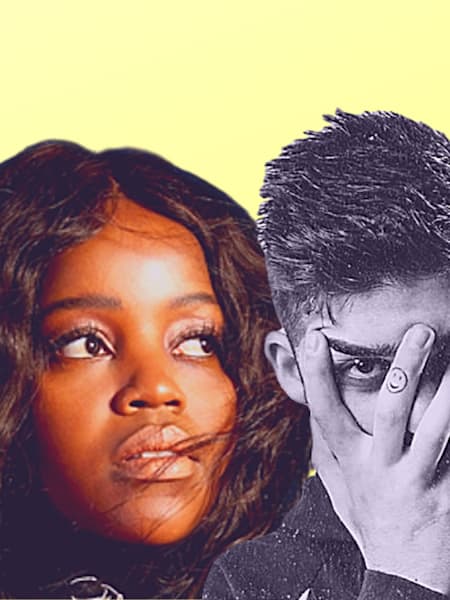 Australian rappers Sound Unlimited, Tkay Maidza and ChillinIt photoshopped into one Image on a light yellow background