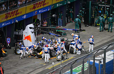 Liam Lawson makes a pitstop during the F1 Grand Prix of Australia at Albert Park Grand Prix Circuit on March 08, 2026 in Melbourne, Australia. 