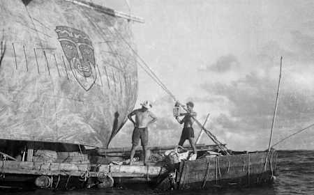 Photograph of Thor Heyerdahl on his Kon-Tiki raft