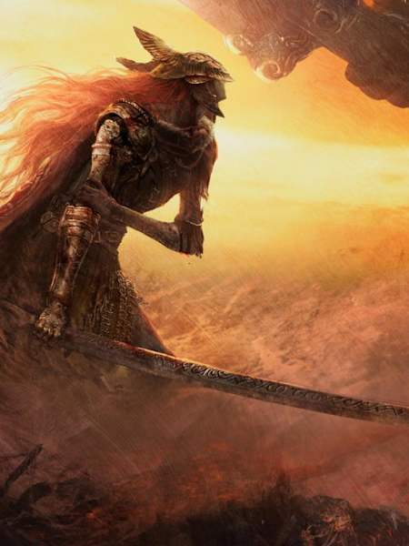 A warrior with a long sword and red hair holds her injured arm in Elden Ring.