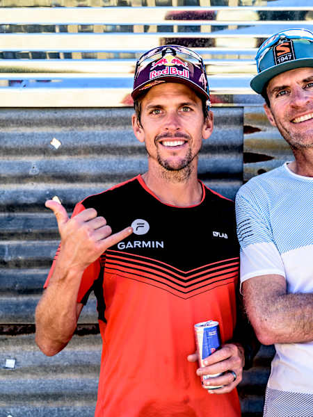 Ryan Sandes and Ryno Griesel pose for a portrait after finishing the circumnavigation on foot of Lesotho on April 27, 2022.  