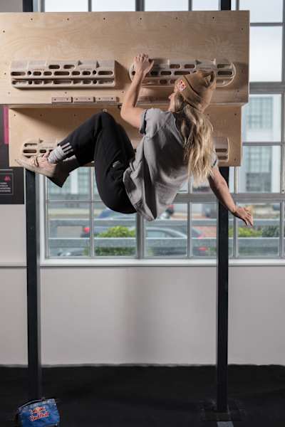 Shauna Coxsey training on a fingerboard at The Climbing Hangar Matchworks in Liverpool, United Kingdom on January 4, 2021.   