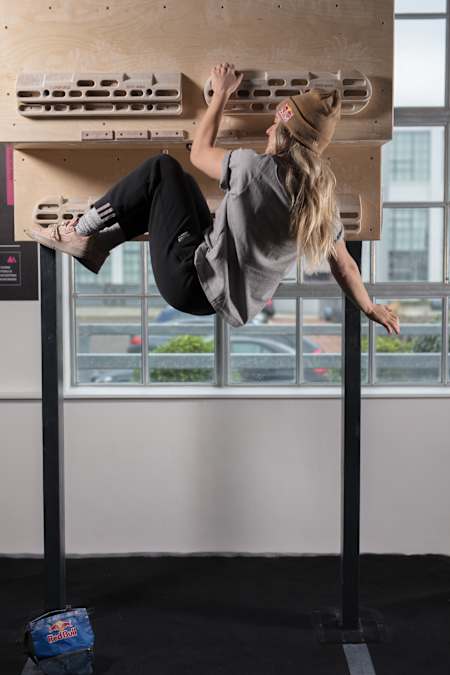Shauna Coxsey training on a fingerboard at The Climbing Hangar Matchworks in Liverpool, United Kingdom on January 4, 2021.   