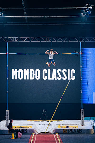 Armand Duplantis landing over crossing the bar at the 2023 Mondo Classics, Uppsala, Sweden