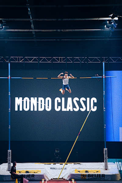 Armand Duplantis landing over crossing the bar at the 2023 Mondo Classics, Uppsala, Sweden