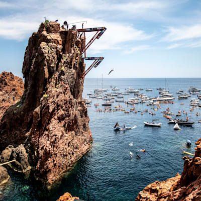 Cap Dramont was the location for the first stop of the 2021 Red Bull Cliff Diving World Series.