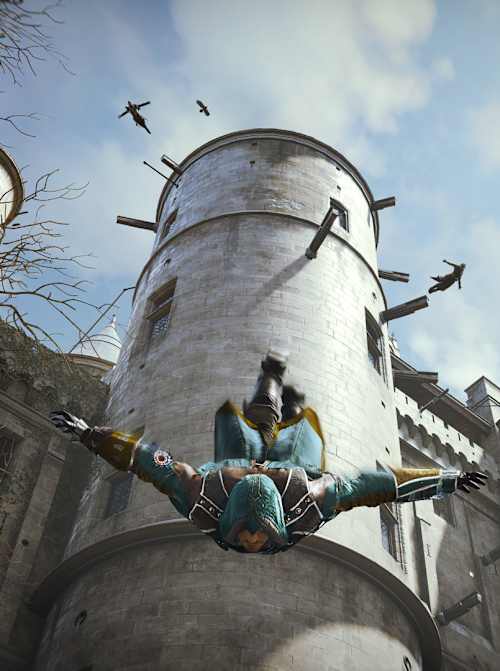 A screenshot of a Leap of Faith from Assassin's Creed Unity