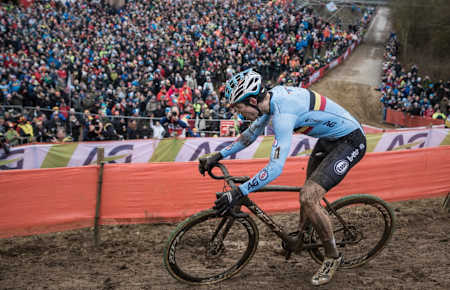 Wout van Aert racing at the 2017 CX World Championships in Bieles, Luxembourg.