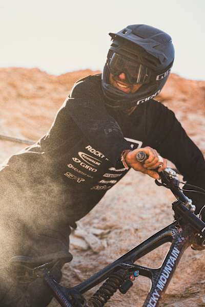 Alex Volokhov prepares to ride his bike at Red Bull Rampage in Virgin, Utah, USA on 17 October, 2022.