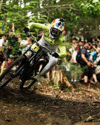 Loïc Bruni races downhill at UCI World Cup event in Bielsko-Biała in 2024