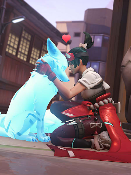 Eine Heldin umarmt einen Geisterfuchs