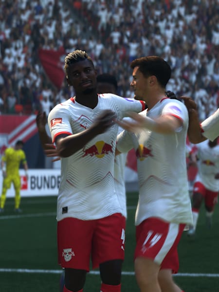 Les joueurs du RB Leipzig célèbrent un but dans le jeu EA Sports FC 26.