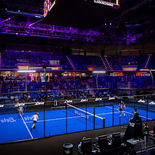 Overview of the stadium during a Premier Padel match in Milan, Italy.