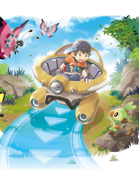 Der Held fährt mit seinem Fahrzeug an ein paar Pokémon vorbei