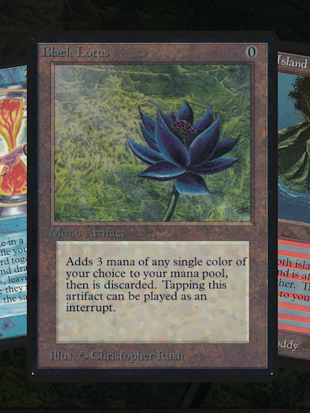 3 Magic-Karten: Black Lotus, Volcanic Island und Timetwister