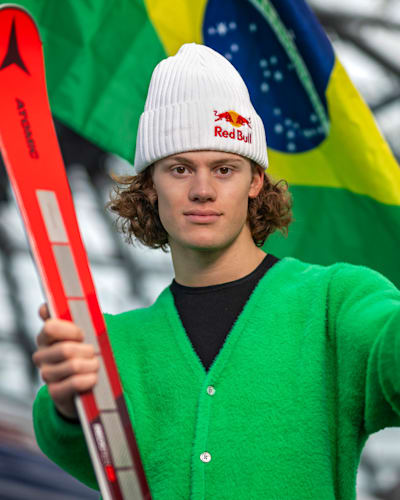 Lucas Pinheiro Braathen seen during a press conference at Hangar 7 in Salzburg, Austria on March 7, 2024.