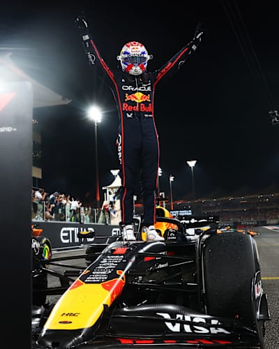 Race winner Max Verstappen of the Netherlands and Oracle Red Bull Racing celebrates on arrival in parc ferme during the F1 Grand Prix of Abu Dhabi at Yas Marina Circuit on December 07, 2025