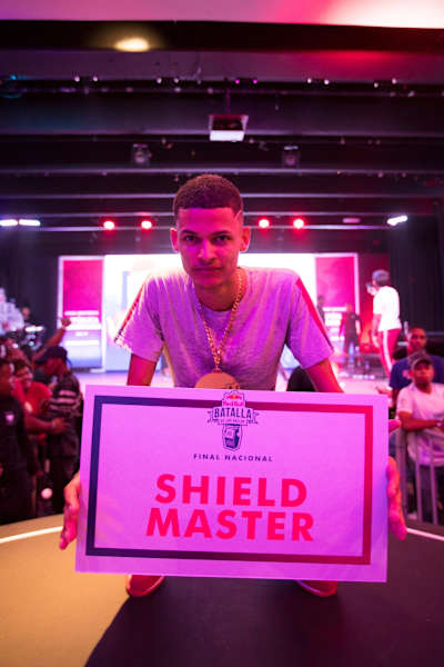 Shield Master poses for a portrait at the Red Bull Batalla de los Gallos National Final in Santo Domingo, Dominican Republic on July 20, 2019
