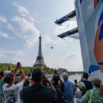 Constantin Popovici of Romania dives from the 27.5 metre platform during training day of the second stop of the Red Bull Cliff Diving World Series in Paris, France, on 16 June 2023.