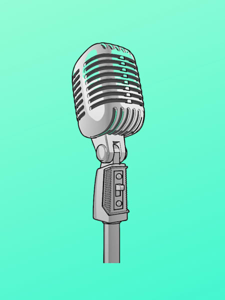 Three retro microphone images next to each other on a light green background
