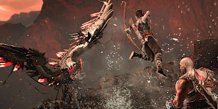 A dramatic battle unfolds in God of War's Muspelheim
