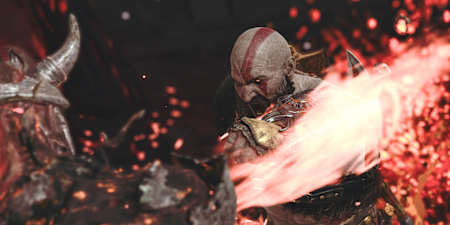 A dramatic photo by The Fourth Focus of Kratos in God of War's Muspelheim