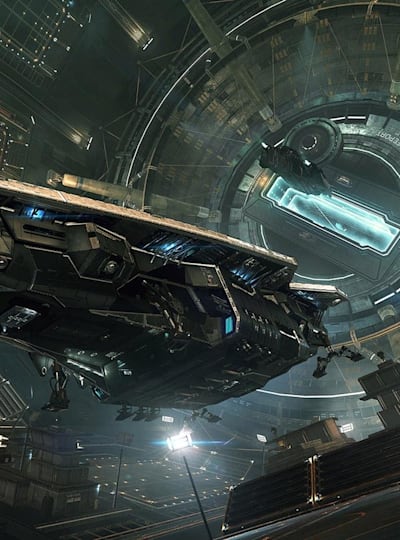 A screenshot showing a ship docking in the space-based video game Elite: Dangerous.