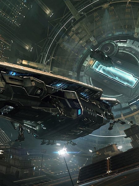 A screenshot showing a ship docking in the space-based video game Elite: Dangerous.