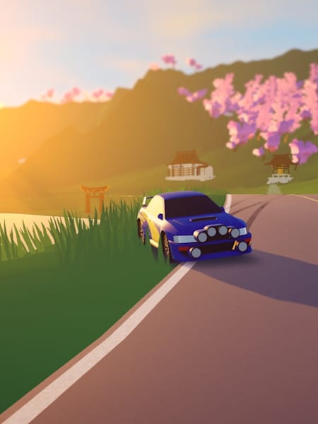 Screenshot aus dem Indie-Game art of rally zeigt eine Etappe in Japan. Das stilvolle Offroad-Rennspiel setzt auf eine Low-Poly-Optik und kombiniert Realismus mit Fahrspaß