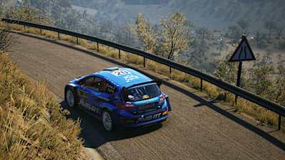 Screenshot from EA Sports WRC shows Adrien Fourmaux's Ford Fiesta on a narrow mountain road