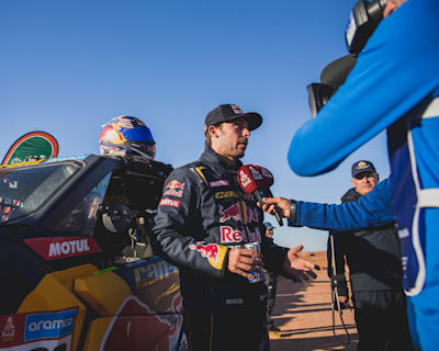 Austin Jones for Red Bull Off-Road Junior Team USA presented by BF Goodrich at the finish line of stage 5 of Rally Dakar 2023 in Ha'il, Saudi Arabia on January 5, 2023. 