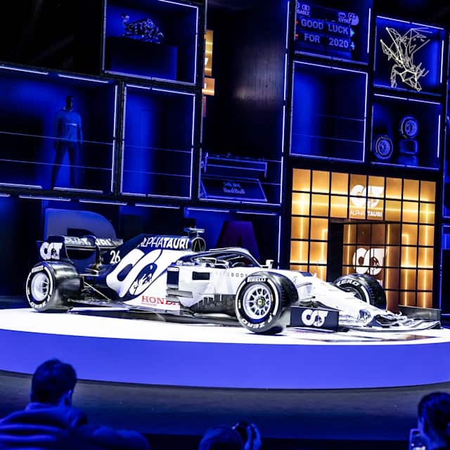 The 2020 team car pictured during the launch of the Scuderia AlphaTauri Formula 1 team and AlphaTauri SS20 and AW20–21 clothing lines in Hangar-7, Salzburg, Austria on February 14, 2020.