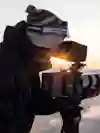Basti Balser filming during golden hour in Kamchatka, Russia.