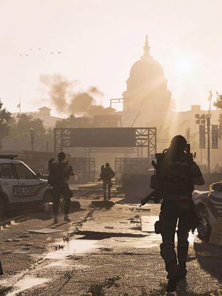 A screenshot of characters walking through Washington D.C. in the video game Division 2.