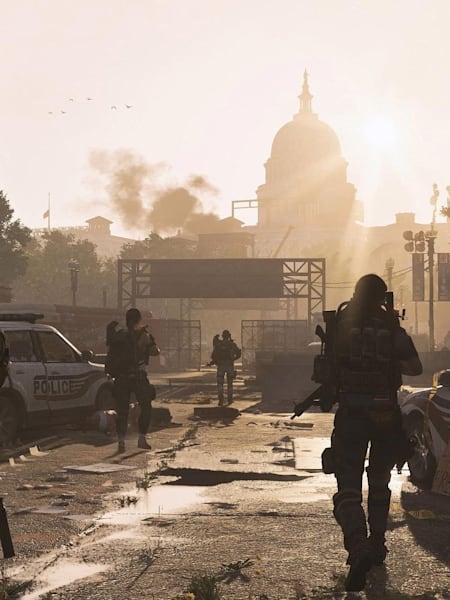 A screenshot of characters walking through Washington D.C. in the video game Division 2.