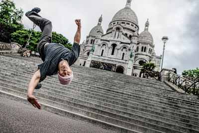 B-boy Phil Wizard of Canada performs at Sacre Coeur during the Red Bull BC One All Stars Paris take-over in Paris, France, on August 9, 2023.