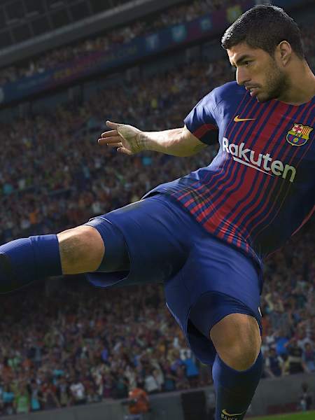 FC Barcalona player Luis Suárez depicted in PES 2018 football sim video game.