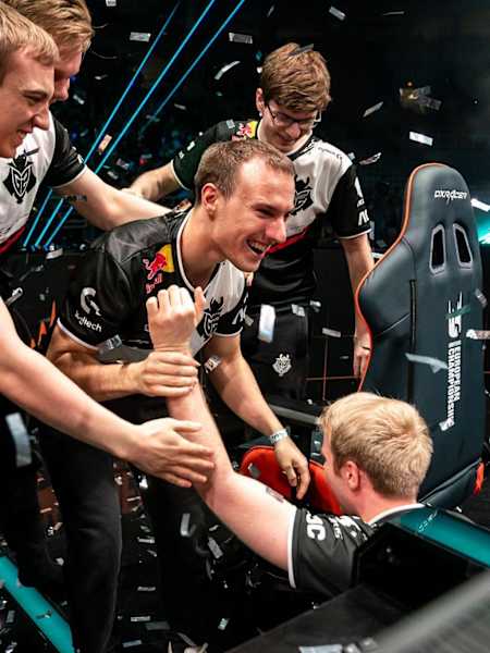 A photo of G2 Esports following their LEC Summer Final win in Athens, Greece.