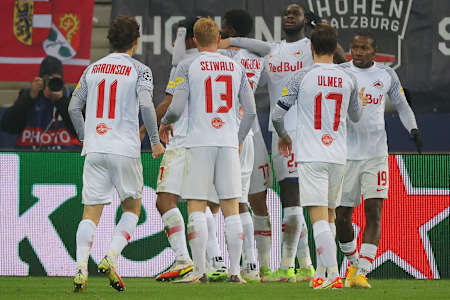 Noah Okafor of RB Salzburg celebrates after scoring during the UEFA Champions League match between FC Red Bull Salzburg and Sevilla FC at Salzburg stadium on December 8, 2021 in Salzburg, Austria.