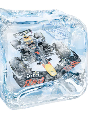 A mocked-up image of a Red Bull Racing car within an ice cube. 