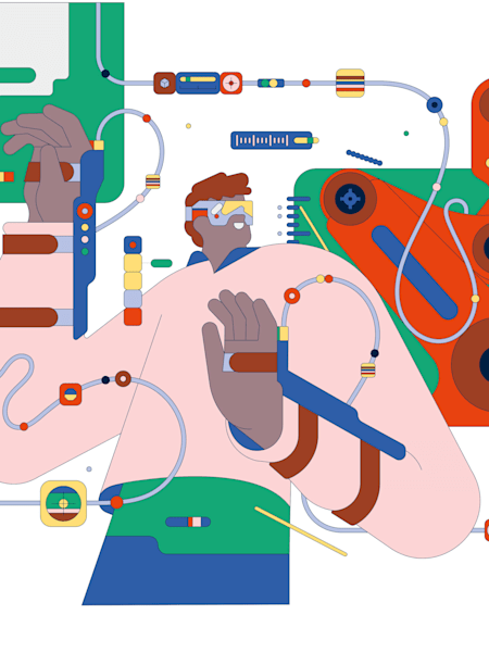 Ein Telerobotics-Mitarbeiter steuert die Arbeit am Fliessband.