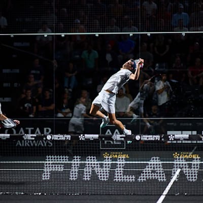Juan Lebrón smashing an overhead shot during the Finland Premier Padel P2 finals in Nokia, Finland.